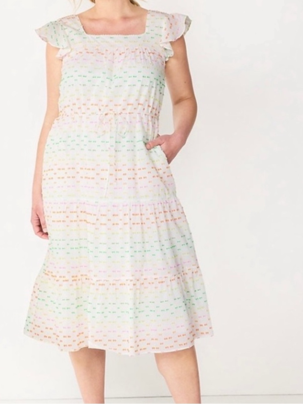 🌈 Draper James RSVP Rainbow Embroidered Flutter Sleeve Sun Dress (Size Large)